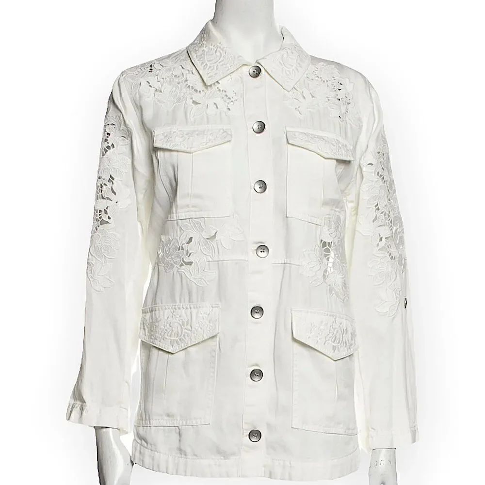ALICE + OLIVIA Three-Quarter Sleeve Embroidered White Button-Up Top